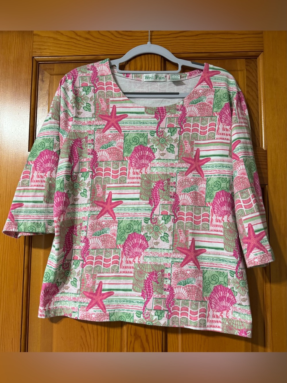 West Palm Coastal Print 3/4 Sleeve Tee - Pink & Green